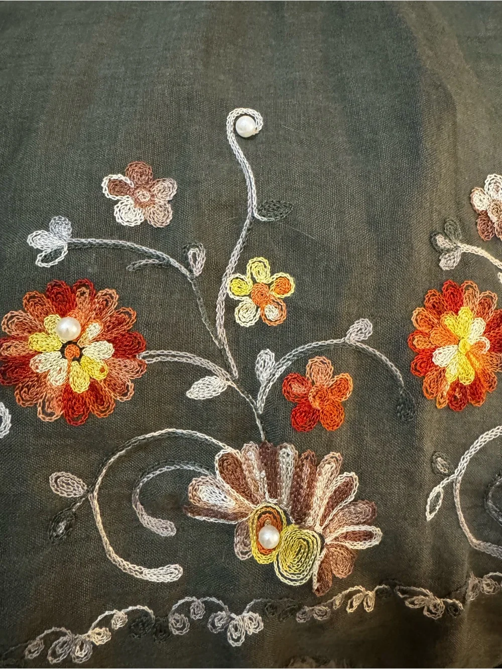 Embroidered Floral Pearl Beaded Oversized Scarf Wrap